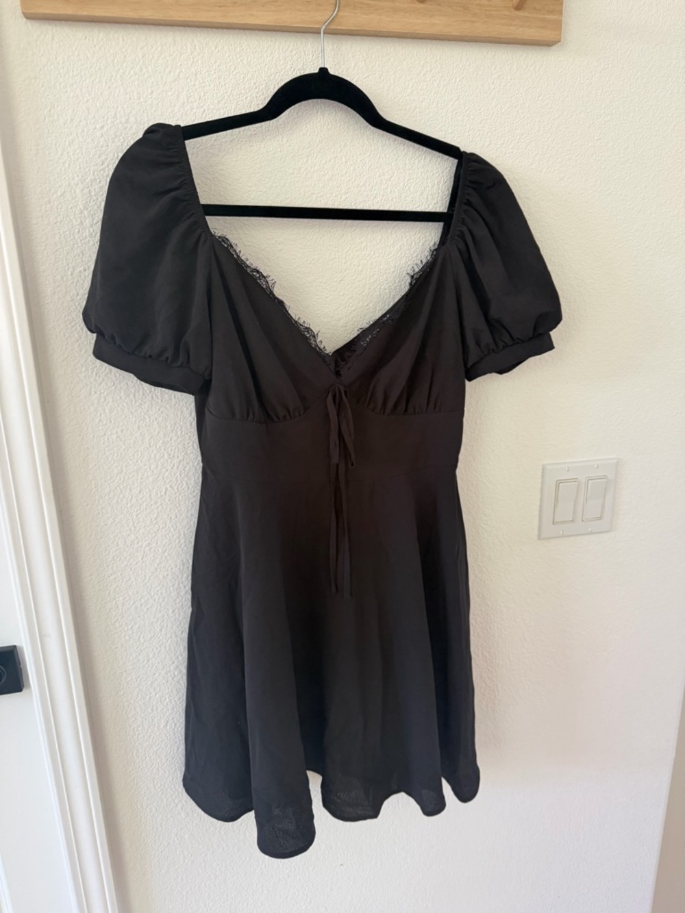 Boohoo Black Puff Sleeve Mini Dress with Lace Trim